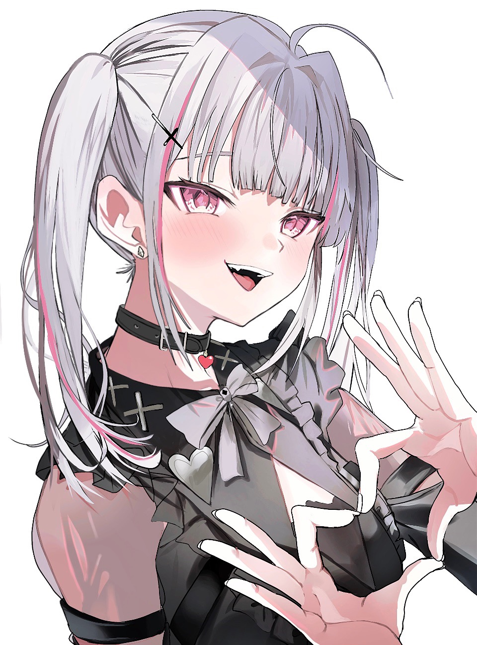 1girl ahoge asumi_sena asumi_sena_(3rd_costume) black_collar black_dress cattleya_regina_games collar cross_hair_ornament dow_suitable dress earrings four-finger_heart_hands hair_ornament heart heart_hands highres jewelry multicolored_hair nape open_mouth pendant_collar pink_eyes see-through_clothes see-through_sleeves simple_background solo streaked_hair teeth twintails upper_body upper_teeth_only virtual_youtuber vspo! white_background white_hair