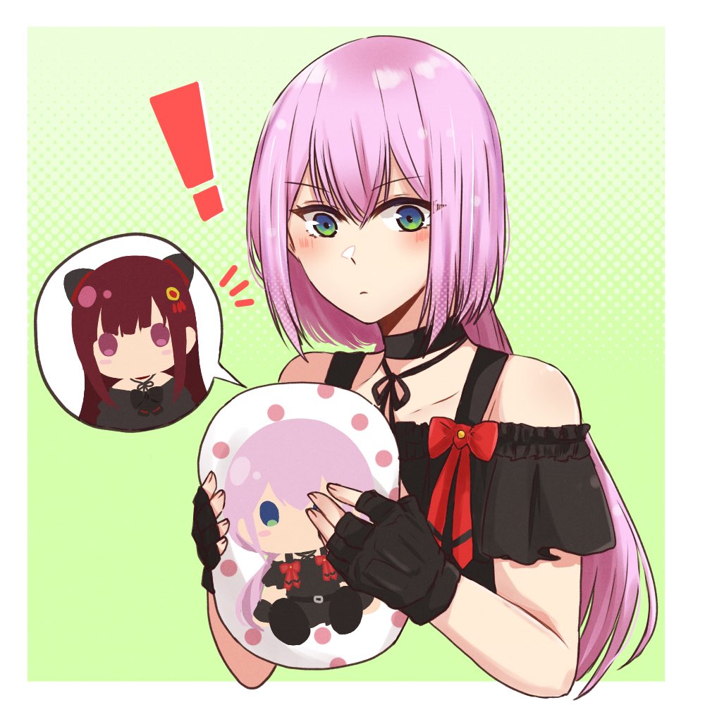 ! 1girl assault_lily bare_shoulders black_choker black_gloves black_ribbon black_shirt blue_eyes blush border bow character_print choker closed_mouth commentary cropped_torso fingerless_gloves frilled_shirt frilled_sleeves frills gloves gozen_(assault_lily) gradient_background gradient_eyes green_background green_eyes hair_between_eyes halftone halftone_background hands_up holding holding_pillow long_hair looking_at_object looking_down low_twintails multicolored_eyes neck_ribbon nigari_(ngari_0115) notice_lines outside_border pillow pink_hair print_pillow red_bow ribbon shirt solo speech_bubble spoken_character toda_eulalia_kotohi twintails upper_body white_border