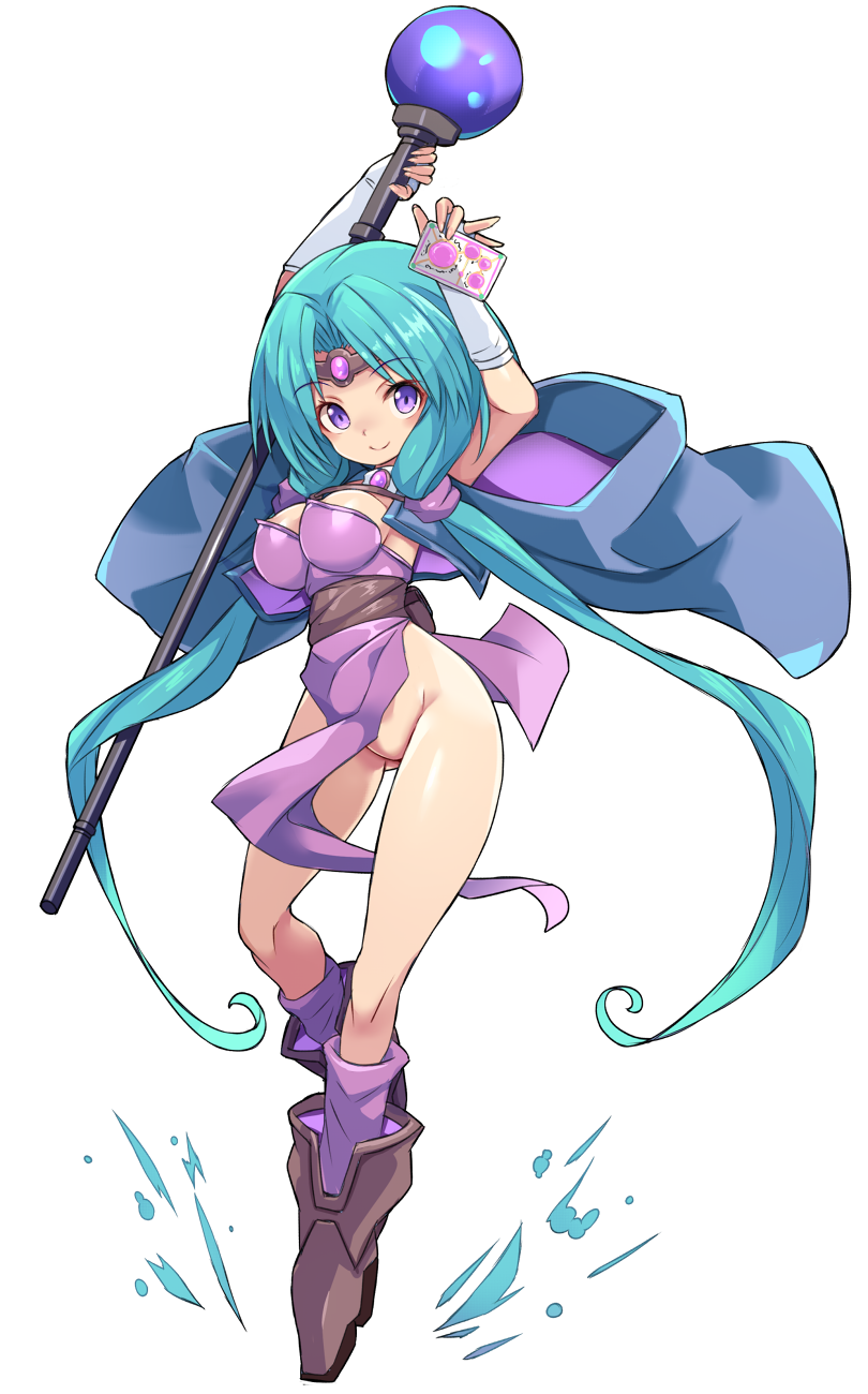 1girl arms_up blue_hair blue_jacket boots breasts brown_boots card circlet closed_mouth dress elbow_gloves fingerless_gloves full_body gloves gluteal_fold groin haou_taikei_ryuu_knight highres holding holding_card holding_staff jacket karukan_(monjya) kneehighs long_hair medium_breasts no_panties orb paffy_pafuricia parted_bangs pelvic_curtain purple_dress purple_hair purple_socks short_sleeves simple_background smile socks solo staff very_long_hair white_background white_gloves wide_sleeves