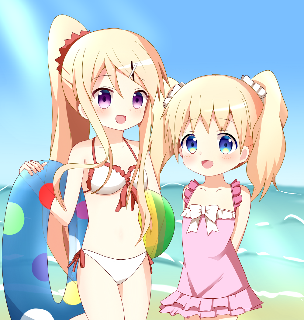 2girls alice_cartelet bikini blonde_hair kin-iro_mosaic kujou_karen multiple_girls one-piece_swimsuit pink_one-piece_swimsuit swimsuit white_bikini