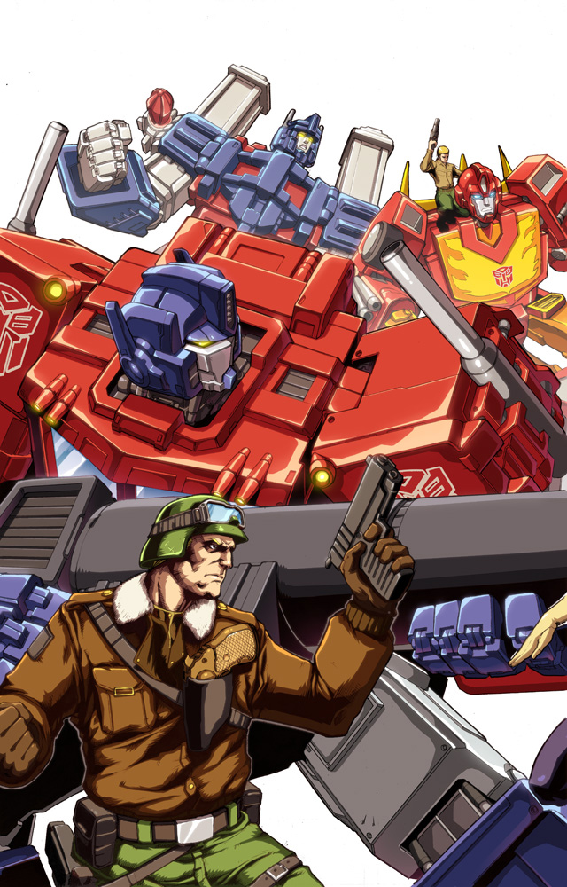 2boys artist_collaboration autobot blonde_hair blue_eyes brown_footwear brown_jacket brown_shirt character_request clenched_hand comic_cover commentary crossover english_commentary g.i._joe glowing glowing_eyes goggles goggles_on_headwear green_pants gun handgun helmet holding holding_gun holding_weapon hot_rod_(transformers) jacket joe_ng kevin_yan mecha mecha_focus multiple_boys official_art optimus_prime orange_eyes pants parted_lips robot science_fiction shirt transformers ultra_magnus weapon white_background yellow_eyes