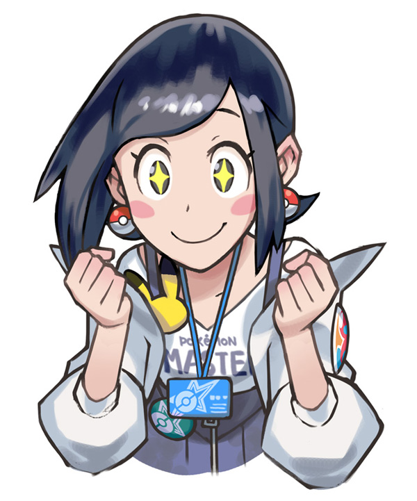 1girl badge black_eyes black_hair blue_skirt blush_stickers body_blush button_badge character_badge clenched_hands clothes_writing collarbone copyright_name earrings gen_1_pokemon gen_2_pokemon hair_behind_ear id_card jacket jewelry kana_(pokemon) nintendo off_shoulder official_art open_clothes open_jacket pikachu poke_ball_earrings poke_ball_print poke_ball_symbol poke_ball_theme pokemon pokemon_(creature) pokemon_masters_ex porygon2 shirt skirt smile solo sparkling_eyes star_(symbol) star_print suspender_skirt suspenders upper_body white_background white_jacket white_shirt zipper_pull_tab