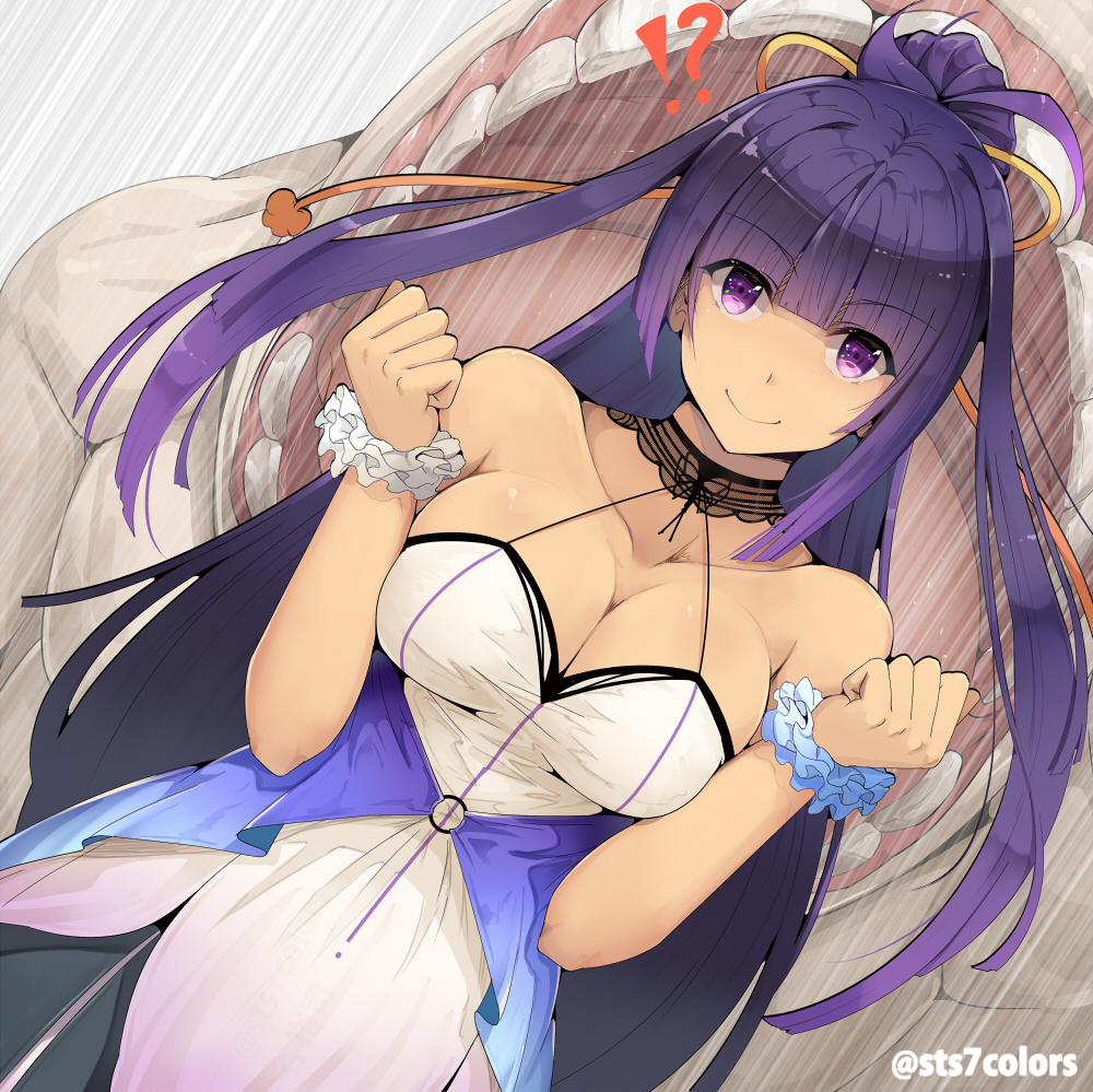 !? &gt;:) 1girl bare_shoulders blunt_bangs blush breasts cleavage clenched_hands closed_mouth collarbone dress dutch_angle eyes_visible_through_hair female_focus halter_dress halterneck high_ponytail imminent_vore large_breasts long_hair monster o-ring original ponytail purple_eyes purple_hair scrunchie sidelocks sleeveless sleeveless_dress smile solo straight_hair sts upper_body v-shaped_eyebrows very_long_hair white_dress wrist_scrunchie