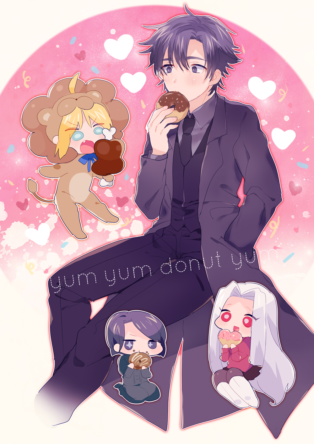 10s 1boy 3girls ahoge animal_costume artoria_pendragon_(fate) black_eyes black_hair black_legwear blonde_hair boned_meat chibi donut fang fate/extra fate/tiger_colosseum fate/zero fate_(series) food green_eyes highres hisau_maiya irisviel_von_einzbern lion_costume meat miyako_(xxxbibit) multiple_girls pantyhose red_eyes saber_lion white_hair