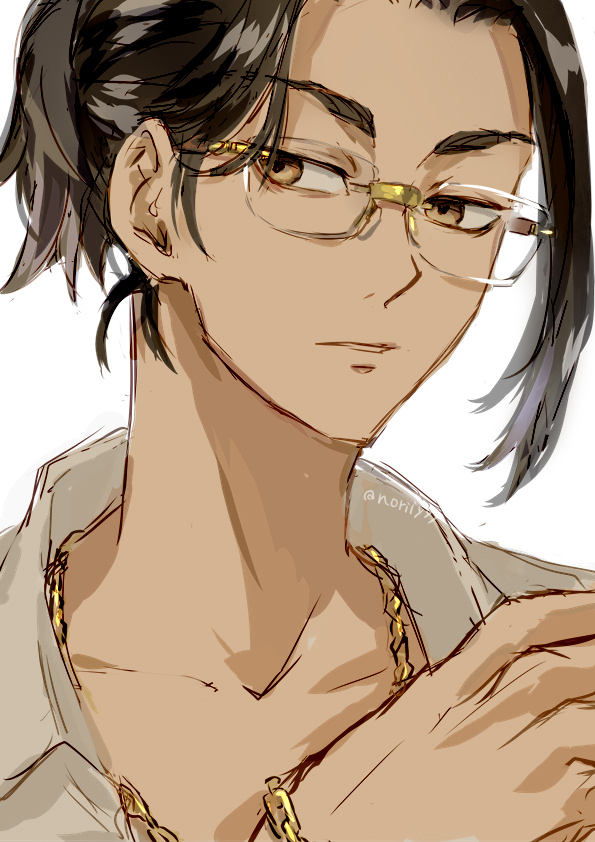 1boy baji_keisuke bespectacled bracelet brown_eyes chain chain_necklace collared_shirt commentary_request glasses gold_bracelet gold_necklace hair_up jewelry male_focus necklace nori20170709 shirt sideways_glance simple_background solo tokyo_revengers twitter_username white_background