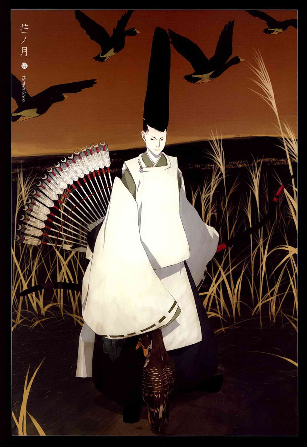 1boy arrow_(projectile) bird bow_(weapon) comic highres japanese_clothes male_focus okama original solo weapon