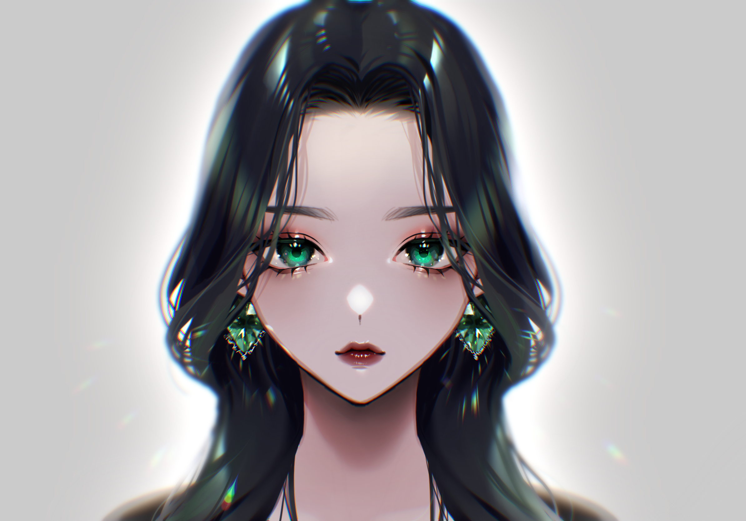 1girl bitaro black_hair earrings eyelashes gem green_eyes green_gemstone grey_background highres jewelry lips lipstick looking_at_viewer makeup original portrait red_lips solo sparkle straight-on