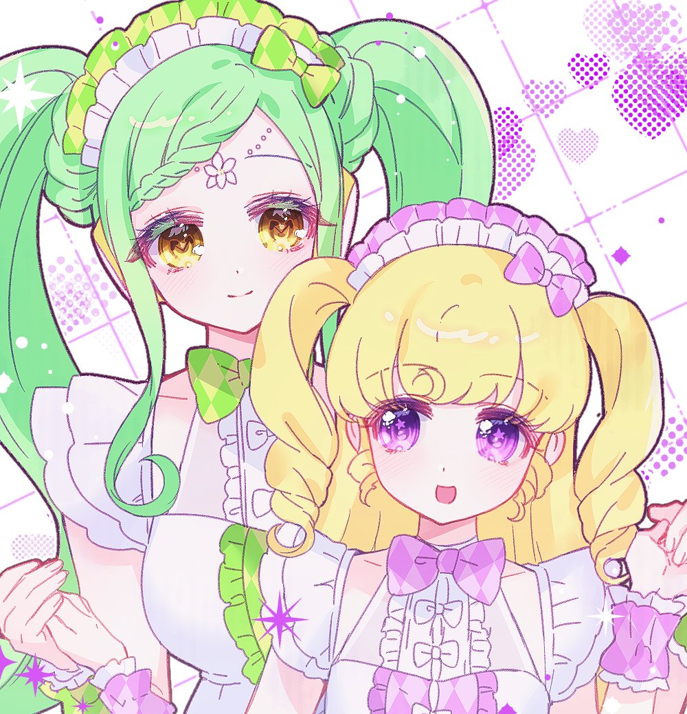 2girls blonde_hair bow braid braided_bangs breasts center_frills chuu0105 commentary_request falala_a_larm frills green_bow green_hair hair_bow head_chain holding_hands idol_time_pripara jewelry korean_commentary long_hair looking_at_another looking_back maid_headdress medium_breasts multiple_girls open_mouth pink_bow pretty_series pripara purple_eyes ringlets small_breasts smile summer_maid_coord twintails two_side_up upper_body white_bow wrist_cuffs yellow_eyes yumekawa_yui