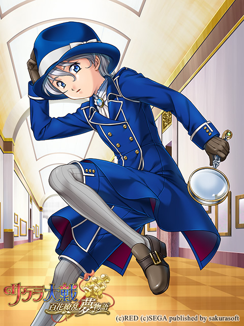 1girl amulet ascot blue_coat blue_collar blue_hat blue_pants blue_pendant blue_sleeves blue_wrist_cuffs bow brown_footwear brown_gloves buttoned_cuffs buttons ceiling ceiling_light checkered_floor coat collar collared_coat collared_shirt commentary copyright_name copyright_notice detective double-breasted english_text fedora game_cg gloves gold_buckle gold_buttons grey_hair grey_thighhighs hair_between_eyes hand_on_headwear hat hat_bow indoors logo long_sleeves looking_at_viewer mandarin_collar museum nagara official_art pants picture_frame pinstripe_legwear pinstripe_pattern reni_milchstrasse sakura_taisen sakura_taisen_ii sega shirt shoe_buckle short_hair striped_clothes striped_thighhighs thighhighs translation_request vertical-striped_clothes vertical-striped_thighhighs white_ascot white_bow white_collar wrist_cuffs