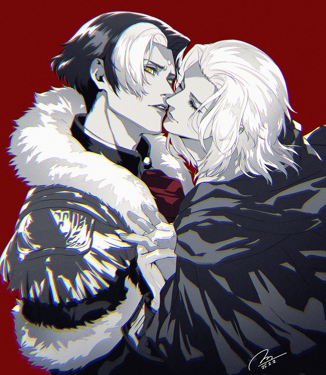 2boys black_capelet capelet closed_eyes dual_persona emet-selch epaulettes final_fantasy final_fantasy_xiv fur_trim garlean gloves highres holding_hands imminent_kiss interlocked_fingers limited_palette male_focus morumoru_(kuromrmr) multicolored_hair multiple_boys parted_lips red_background selfcest short_hair signature simple_background third_eye two-tone_hair upper_body white_gloves white_hair yaoi yellow_eyes