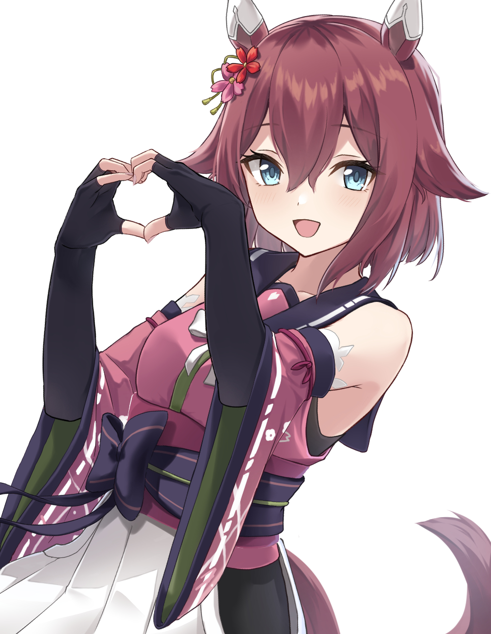 1girl ashiminoe blue_eyes blush breasts commentary_request detached_sleeves fingerless_gloves flower gloves hair_between_eyes hair_flaps hair_flower hair_ornament heart heart_hands highres horse_girl looking_at_viewer medium_breasts medium_hair sakura_chiyono_o_(umamusume) solo umamusume white_background