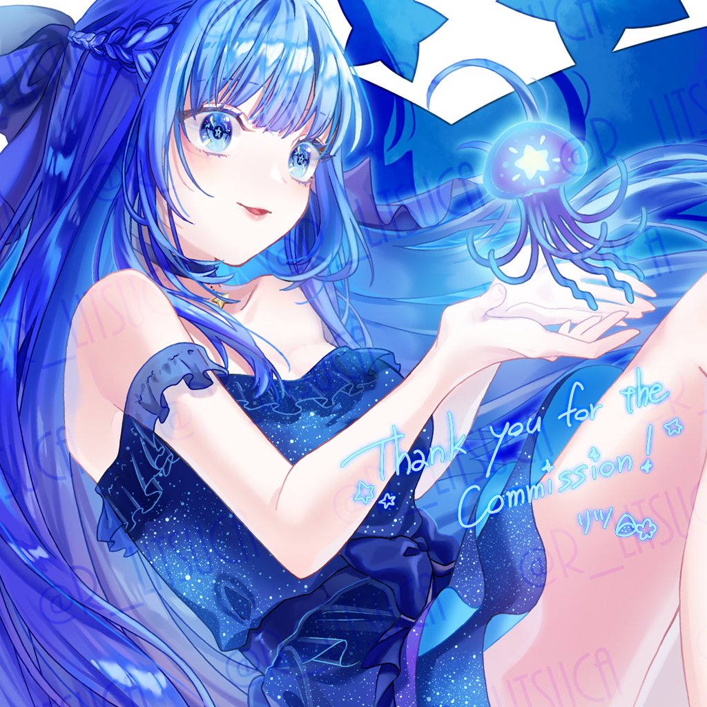 1girl blue_bow blue_dress blue_eyes blue_hair blunt_bangs bow braid brue_sreasta commission dress hair_bow jellyfish long_hair original parted_lips ritsu_(r_litsuca) skeb_commission solo virtual_youtuber
