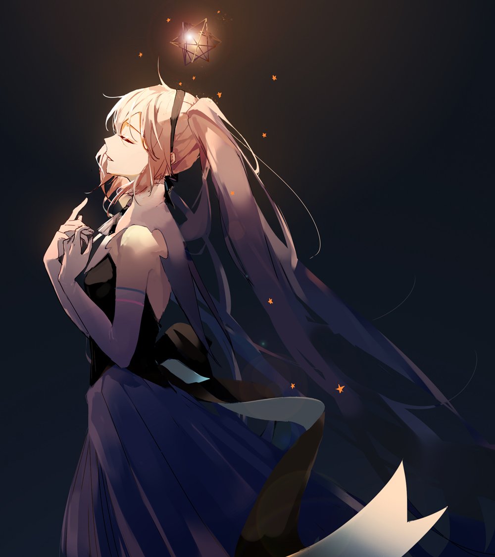 1girl backlighting bare_shoulders black_hairband blurry bokeh breasts closed_eyes commentary_request dark_background depth_of_field dress elbow_gloves expressionless female_focus floating_hair from_side gloves glowing hairband hand_on_own_chest hatsune_miku light light_smile long_hair mamenomoto miku_symphony_(vocaloid) parted_lips profile sleeveless sleeveless_dress small_breasts smile solo star_(symbol) twintails upper_body very_long_hair vocaloid white_gloves