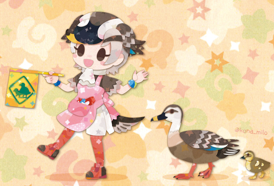 1girl animal apron bird bird_girl bird_tail bird_wings brown_background brown_eyes brown_hair duck feathered_wings grey_hair head_wings japari_symbol kemono_friends kikuchi_milo looking_at_viewer multicolored_hair pantyhose scarf shirt shoes short_hair shorts simple_background spot-billed_duck_(kemono_friends) tail wings wristband