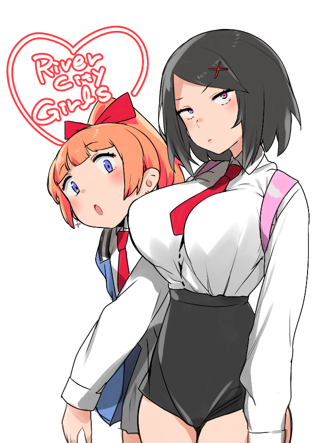 2girls backpack bag black_hair blush_stickers breasts collared_shirt commentary_request copyright_name hair_ornament hair_ribbon hairpin heart kunio-kun_series kyoko_(kunio-kun) large_breasts looking_at_viewer misako_(kunio-kun) multiple_girls necktie ponytail red_hair ribbon river_city_girls school_uniform shikosour shirt short_hair simple_background thighs white_background