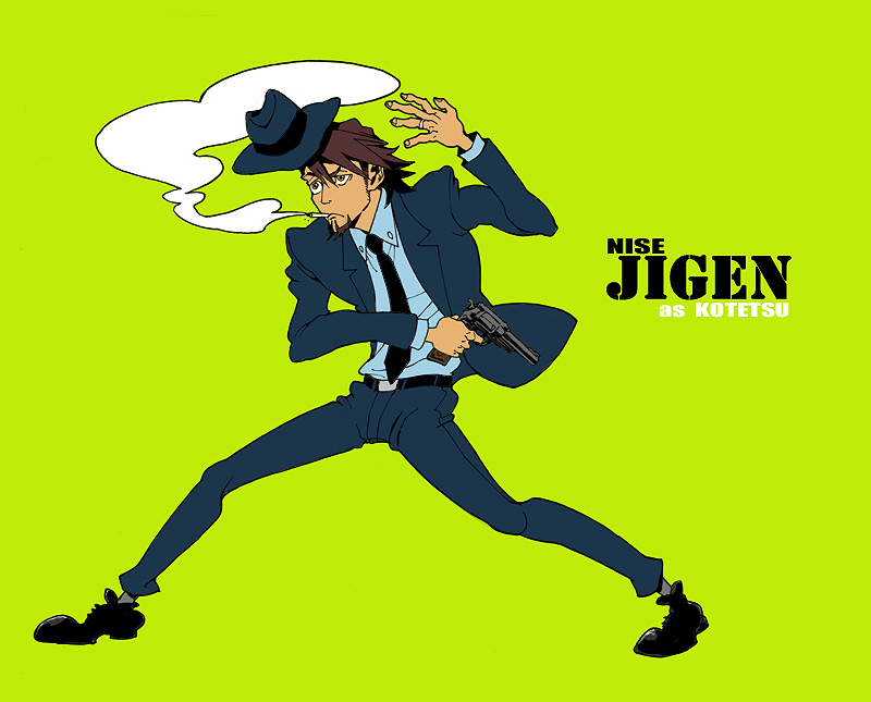 1boy bad_id bad_pixiv_id brown_eyes brown_hair cosplay facial_hair fedora formal_clothes green_background gun handgun hat jewelry jigen_daisuke jigen_daisuke_(cosplay) kaburagi_t._kotetsu lupin_iii male_focus revolver ring simple_background solo stubble suit tiger_&amp;_bunny tms_entertainment weapon wedding_band yellow_background zakk