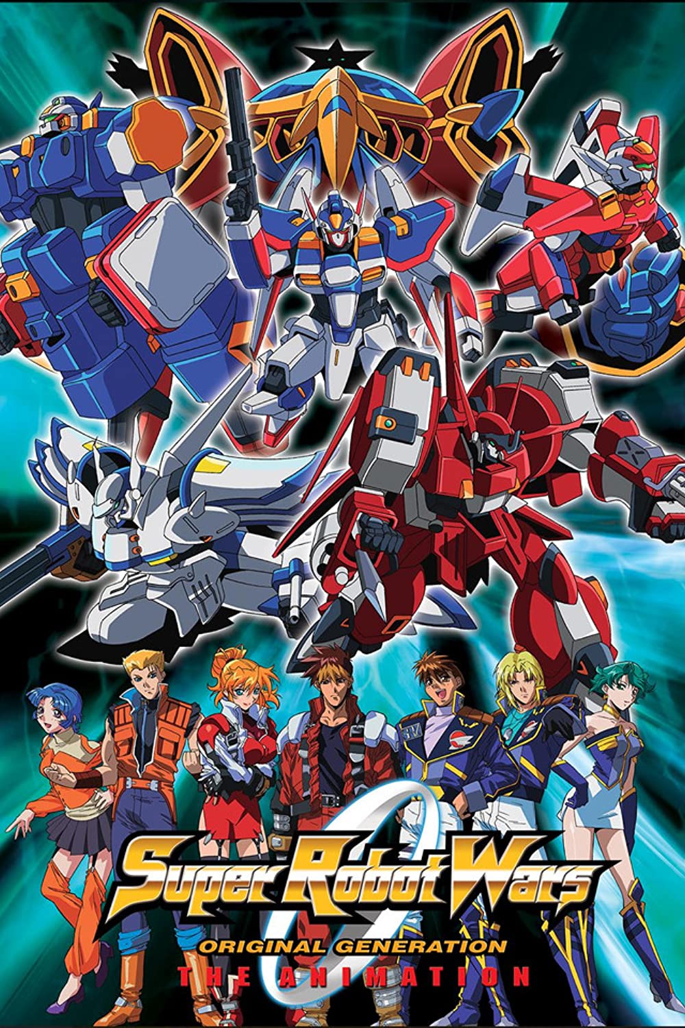 3girls 4boys blonde_hair blue_eyes blue_hair blue_jacket blue_pants boots brown_hair character_request closed_mouth cover english_text full_body high_heels highres jacket looking_at_viewer mecha multiple_boys multiple_girls orange_hair orange_jacket pants ponytail red_pants robot shiny_clothes shiny_skin short_hair skirt smile spiked_hair standing super_robot_wars super_robot_wars_og_the_inspector super_robot_wars_original_generation super_robot_wars_original_generation_2 thighhighs thighs white_pants