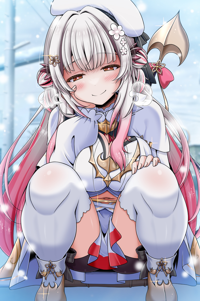 1girl beret black_horns black_shorts blue_background blush breasts cleavage cleavage_cutout clothing_cutout commentary_request convenient_skirt demon_girl demon_tail double_bun full_body gradient_hair grey_hair hair_bun hair_intakes half-closed_eyes hand_on_own_cheek hand_on_own_face hat heart heart-shaped_pupils highres horns indie_virtual_youtuber large_breasts long_hair long_sleeves miso_panda multicolored_hair orange_eyes pink_hair shirt shoes shorts shorts_under_skirt skirt small_horns smile snowing solo squatting suou_patra suou_patra_(11th_costume) symbol-shaped_pupils tail thighhighs virtual_youtuber white_hat white_shirt white_shoes white_skirt white_thighhighs
