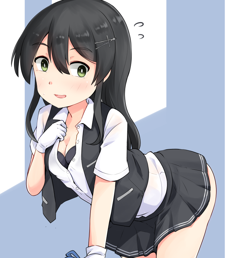 1girl black_bra black_hair black_skirt black_vest bra breasts cleavage commentary_request cowboy_shot dress_shirt flying_sweatdrops gloves green_eyes hair_ornament hairclip kantai_collection looking_at_viewer medium_breasts okitarou_(okiyo) open_clothes open_shirt oyashio_(kancolle) pleated_skirt school_swimsuit shirt short_sleeves skirt solo swimsuit underwear vest white_gloves white_shirt