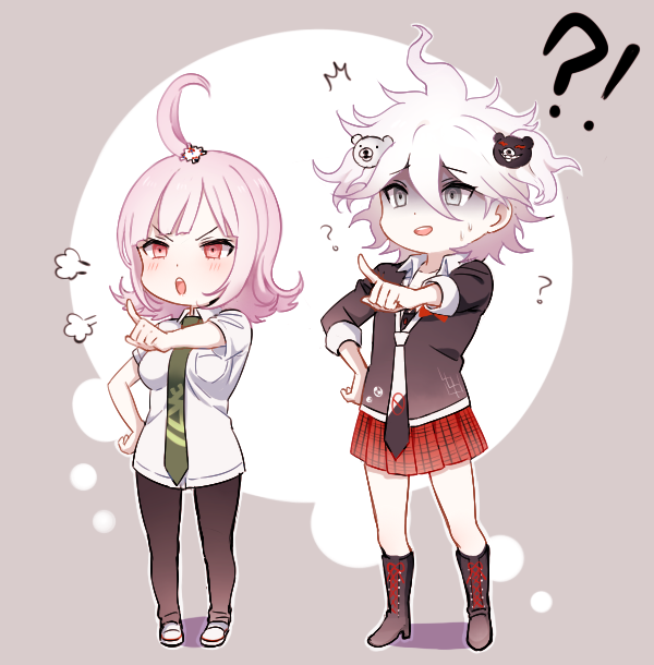 10s 1boy 1girl ? ahoge bad_id bad_pixiv_id boots cosplay crossdressing danganronpa_(series) danganronpa_2:_goodbye_despair enoshima_junko enoshima_junko_(cosplay) full_body grey_eyes hair_ornament hairclip hand_on_own_hip hinata_hajime hinata_hajime_(cosplay) komaeda_nagito lace-up_boots mery_(yangmalgage) nanami_chiaki necktie pink_eyes pink_hair pointing shaded_face skirt spoilers white_hair