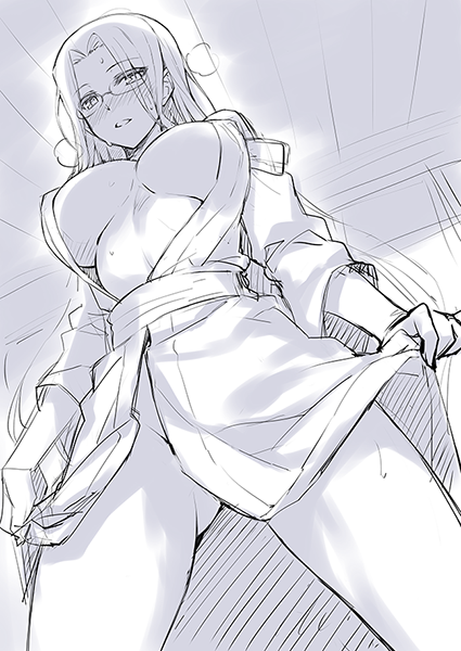 1girl blush breasts fate/stay_night fate_(series) female_focus glasses greyscale japanese_clothes kimono large_breasts long_hair medusa_(fate) medusa_(rider)_(fate) monochrome no_bra no_panties sketch solo square_pupils thighs yanagi_(tsukiakari) yukata