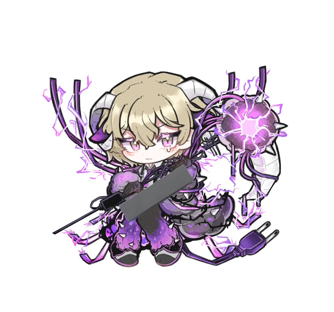 1boy animal_ears barbed_wire blonde_hair cable cable_tail chibi e.g.o_(project_moon) electric_screaming_(e.g.o) electricity full_body hammer holding holding_hammer limbus_company looking_at_viewer male_focus mechanical_tail project_moon sheep_boy sheep_ears sinclair_(project_moon) solo spikes tail zeremi0102