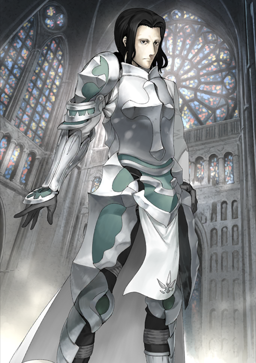 1boy armor black_eyes black_gloves black_hair breastplate church closed_mouth cross fate/grand_order fate_(series) faulds feet_out_of_frame frown full_armor gilles_de_rais_(fate) gilles_de_rais_(saber)_(fate) gloves hand_on_own_hip indoors long_hair looking_at_viewer male_focus official_art parted_bangs pauldrons ponytail shinjirou shoulder_armor single_pauldron solo stained_glass standing third-party_source vambraces white_armor window