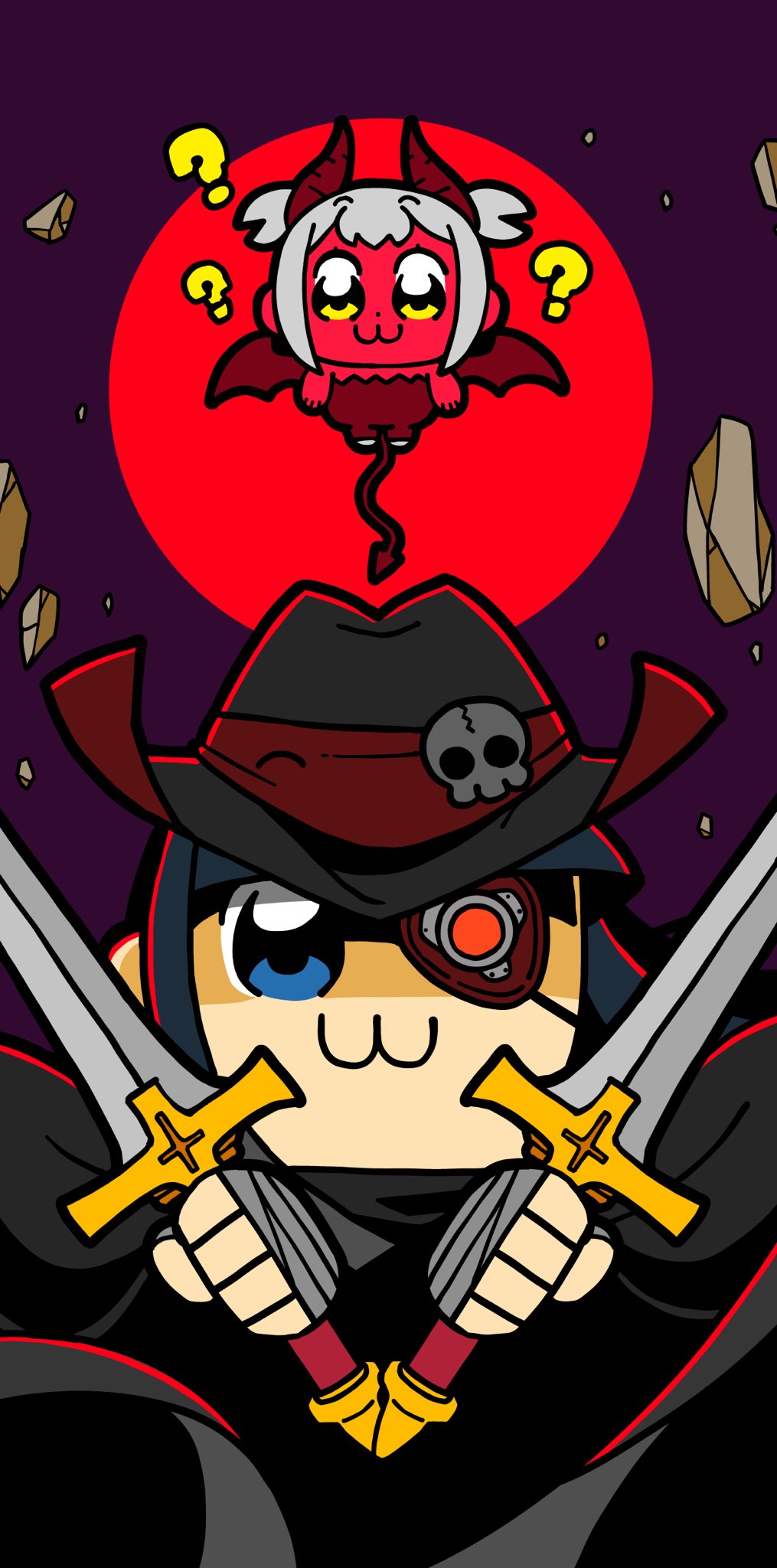 2girls :3 ? bandaged_hand bandages bkub black_cloak black_hat blue_eyes blue_hair blunt_bangs chibi chibi_only cloak closed_mouth colored_eyepatch demon demon_horns demon_tail dress dual_wielding eyepatch grey_hair hat hat_ornament highres holding holding_sword holding_weapon horns long_hair looking_at_viewer moon multiple_girls official_art pipimi poptepipic popuko purple_background red_dress red_horns red_moon red_tail red_wings rock shade shoes short_hair sidelocks skull_hat_ornament sword tail two_side_up weapon white_shoes wings yellow_eyes