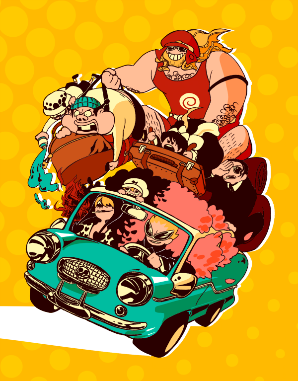 aged_down baby_5 buffalo_(one_piece) car cup dellinger_(one_piece) disposable_coffee_cup disposable_cup donquixote_doflamingo donquixote_pirates donquixote_rocinante fire machvise motor_vehicle one_piece suitcase sunglasses trafalgar_law vergo_(one_piece) water
