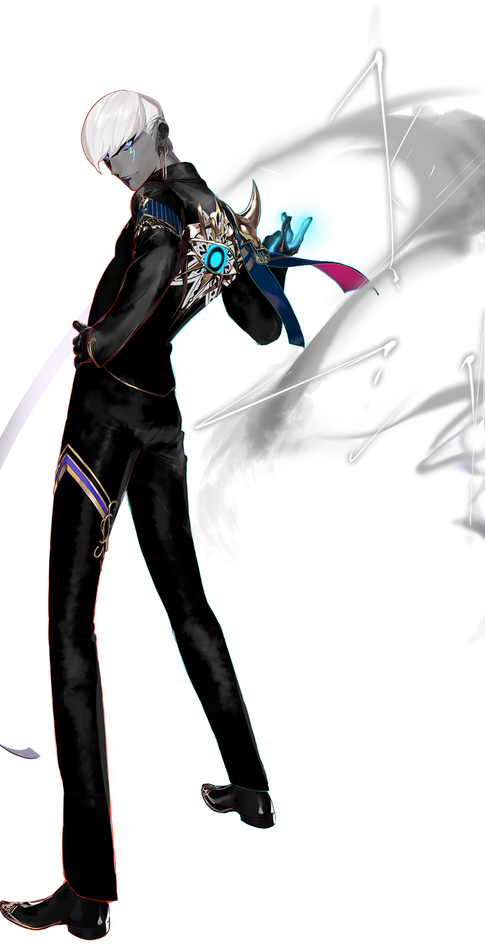 1boy armor black_gloves black_pants black_shirt black_shoes blue_eyes colored_skin dark-skinned_male dark_skin earrings fate/grand_order fate_(series) full_body gloves glowing grey_skin hand_on_own_hip highres indra_(fate) jewelry lightning_bolt_facial_mark looking_at_viewer looking_back male_focus official_art outline pako_(pakosun) pants pauldrons second-party_source shirt shoes short_hair shoulder_armor single_pauldron smile solo standing transparent_background white_hair white_outline