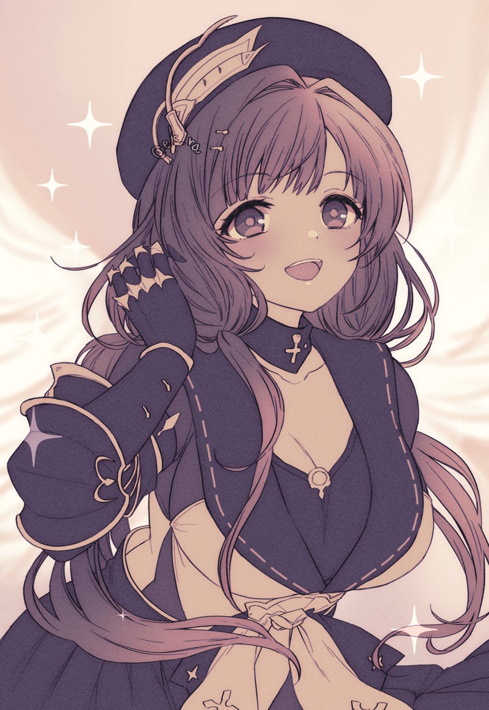1girl :d angel_wings beret black_hat breasts brown_eyes brown_hair cleavage ekra granblue_fantasy hair_between_eyes hat highres large_breasts light_blush long_hair open_mouth raziel_(granblue_fantasy) smile solo sparkle_background twintails wings
