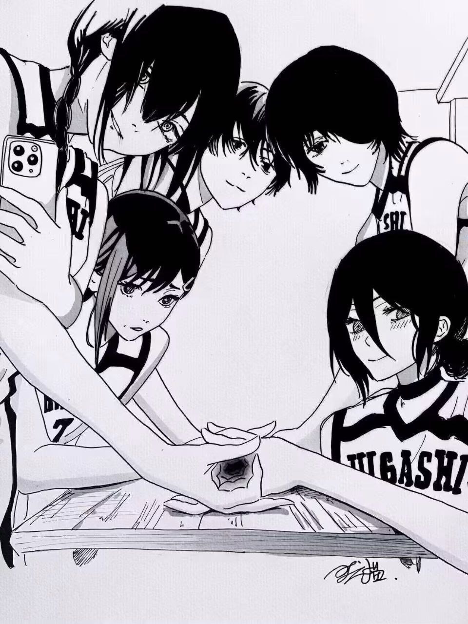 5girls blush cellphone chainsaw_man guglielmo higashiyama_kobeni highres himeno_(chainsaw_man) imminent_handjob looking_at_viewer monochrome multiple_girls nayuta_(chainsaw_man) phone pov reze_(chainsaw_man) smile source_request yoshida_hirofumi