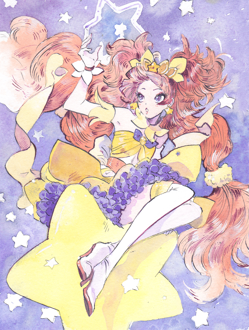 1girl :o absurdly_long_hair amanogawa_kirara armpits bare_shoulders blunt_bangs boots bow bowtie coattails commentary_request cure_twinkle detached_collar detached_sleeves dot_nose dress earrings eyelashes floating_clothes floating_hair frilled_dress frilled_gloves frills full_body gloves go!_princess_precure gold_tiara hair_bow hair_ornament hair_scrunchie hand_up high_heel_boots high_heels jewelry lips long_hair looking_at_hand low_twintails magical_girl orange_hair parted_lips petticoat pink_lips precure purple_background purple_bow purple_bowtie purple_eyes scrunchie shadow short_dress sitting solo star_(symbol) star_earrings star_hair_ornament star_symbol_background stiletto_heels strapless strapless_dress thigh_boots traditional_media twintails two_side_up very_long_hair wavy_hair white_boots white_gloves yellow_bow yellow_collar yellow_dress yellow_scrunchie yellow_sleeves yowoshinobukarinosugata