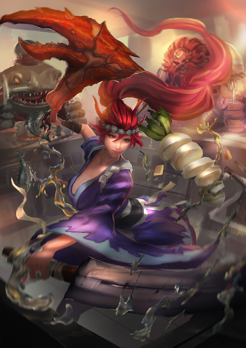 1boy 1girl akali akali_(legacy) alternate_costume alternate_hair_color breasts butter cglas cleavage colored_sclera cooking facial_hair fish food fork gragas hairband hat indoors knife large_breasts league_of_legends lobster_claw long_hair motion_blur open_mouth ponytail radish red_eyes red_hair sashimi_akali standing tahm_kench very_long_hair wide_sleeves yellow_sclera