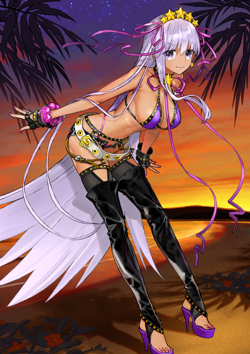 1girl bare_arms bare_shoulders bb_(fate) bb_(swimsuit_mooncancer)_(fate) bb_(swimsuit_mooncancer)_(second_ascension)_(fate) beach bead_bracelet beads belt bikini bikini_under_shorts black_gloves black_shorts black_thighhighs bracelet breasts brown_belt choker cleavage closed_mouth collarbone dark-skinned_female dark_skin earrings fate/grand_order fate_(series) fingerless_gloves fingernails full_body gloves hair_ribbon halterneck high_heel_sandals highleg highleg_bikini jewelry large_breasts leaning_forward legwear_garter long_hair long_ribbon long_sidelocks looking_at_viewer loose_belt micro_shorts multiple_belts navel no_socks official_art open_fly panty_straps pink_nails pink_ribbon platform_sandals purple_bikini purple_eyes purple_hair purple_sandals ribbon sandals shorts sideboob sidelocks single_sidelock smile solo star_(symbol) star_choker star_earrings star_hairband stirrup_legwear swimsuit thighhighs third-party_source toeless_legwear toenails v-shaped_eyebrows variant_set very_long_hair wada_arco white_belt