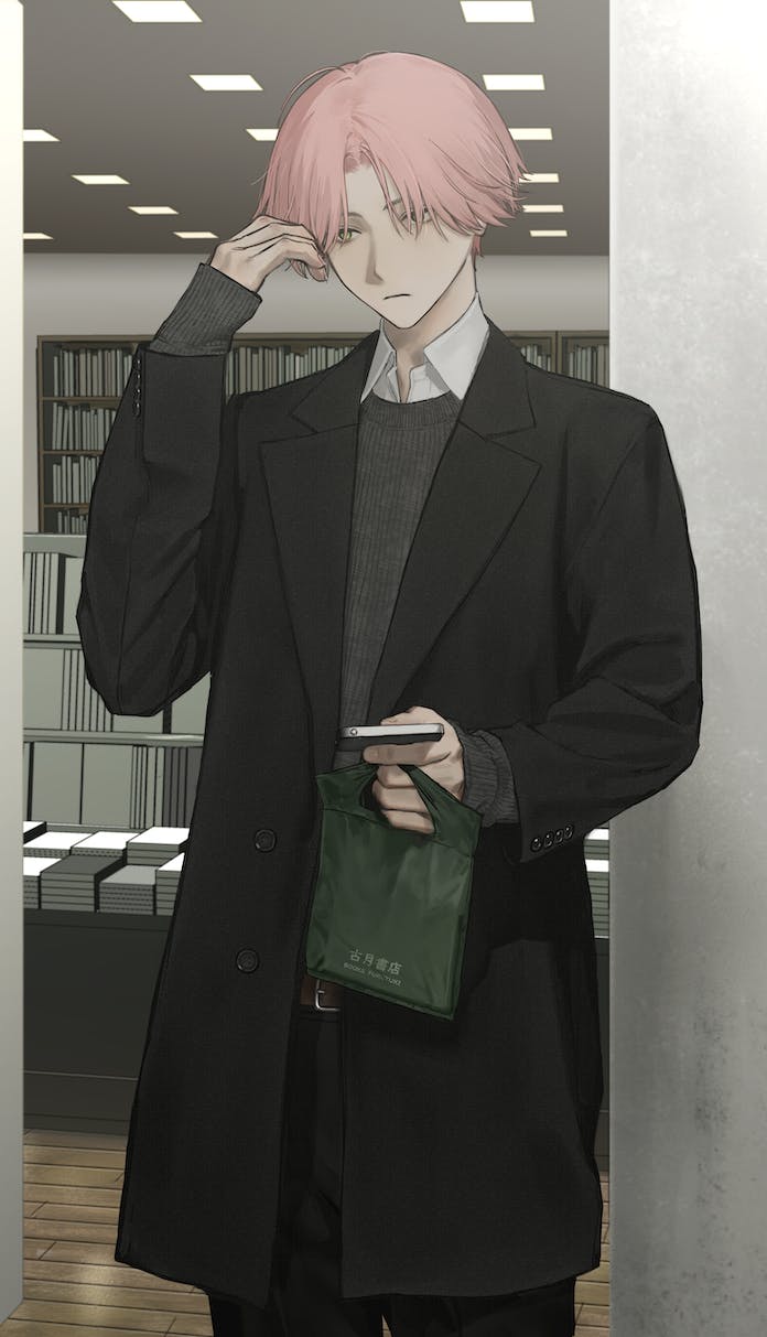 1boy belt black_coat black_pants brown_belt cellphone closed_mouth coat commission cowboy_shot grey_sweater hand_up highres hirota_tsuu holding holding_phone long_sleeves male_focus original pants phone pink_hair shirt short_hair skeb_commission smartphone solo sweater white_shirt yellow_eyes