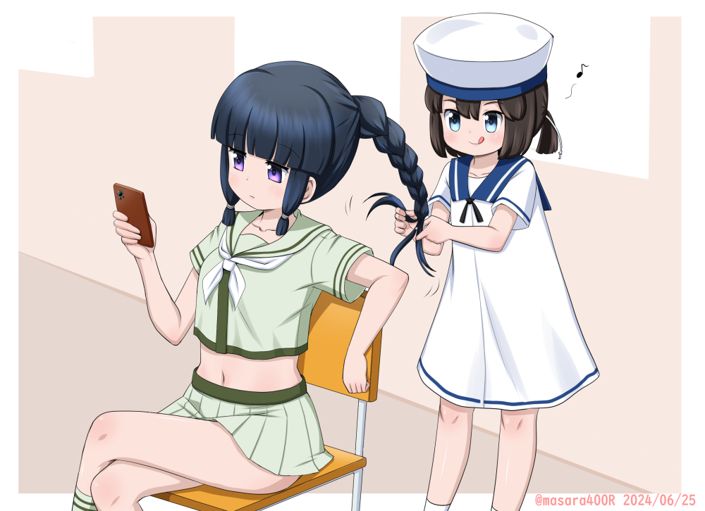 2girls black_hair blue_eyes blue_sailor_collar blunt_bangs bob_cut braid braiding_hair cellphone chair daitou_(kancolle) dress green_sailor_collar green_shirt green_skirt hair_ribbon hairdressing hat high_ponytail kantai_collection kitakami_(kancolle) kitakami_kai_ni_(kancolle) long_hair masara_(chuujou) midriff multiple_girls neckerchief phone ponytail purple_eyes ribbon sailor_collar sailor_dress sailor_hat school_uniform serafuku shirt short_hair short_ponytail single_braid skirt slice_of_life tongue tongue_out tress_ribbon white_dress white_hat white_neckerchief