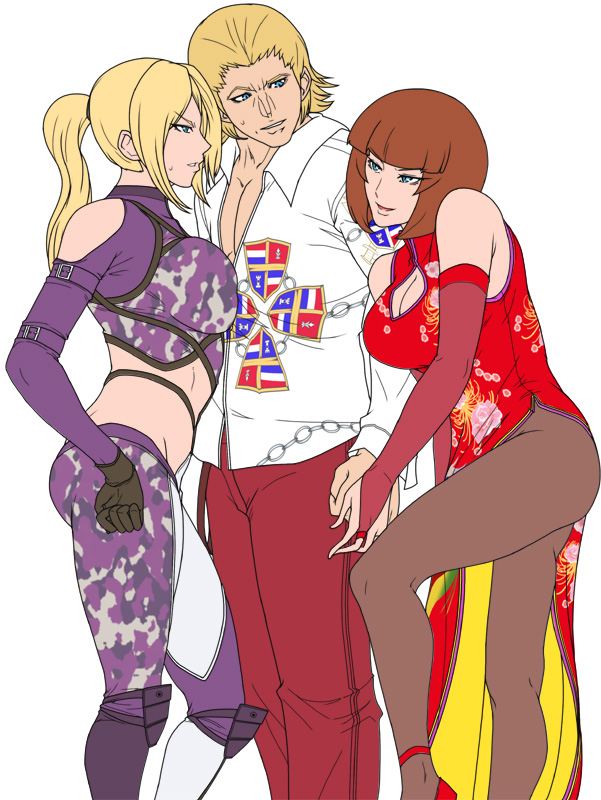1boy 2girls anna_williams aunt aunt_and_nephew blonde_hair breasts brown_hair family girl_sandwich greco_roman_(spiral_brain) knees large_breasts legs lips midriff mother_and_son multiple_girls namco nina_williams ponytail sandwiched short_hair siblings sisters smile steve_fox tekken