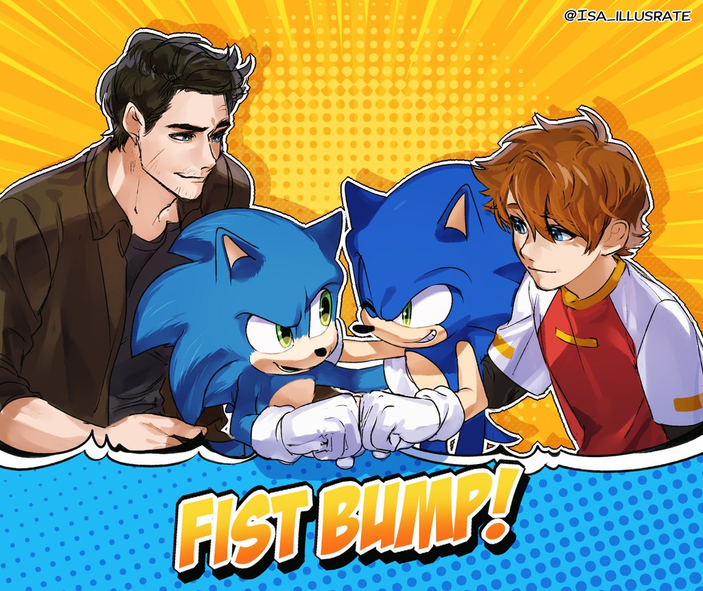 4boys ;) animal_ears black_hair blue_eyes brown_hair brown_jacket child christopher_thorndyke dual_persona facial_hair fist_bump gloves hair_between_eyes hedgehog isa-415810 jacket layered_sleeves long_sleeves male_focus multiple_boys one_eye_closed short_hair short_over_long_sleeves short_sleeves smile sonic_(live_action) sonic_(series) sonic_the_hedgehog sonic_the_hedgehog_(movie) sonic_the_hedgehog_(movie) sonic_the_hedgehog_(paramount) sonic_x tail tom_wachowski white_gloves