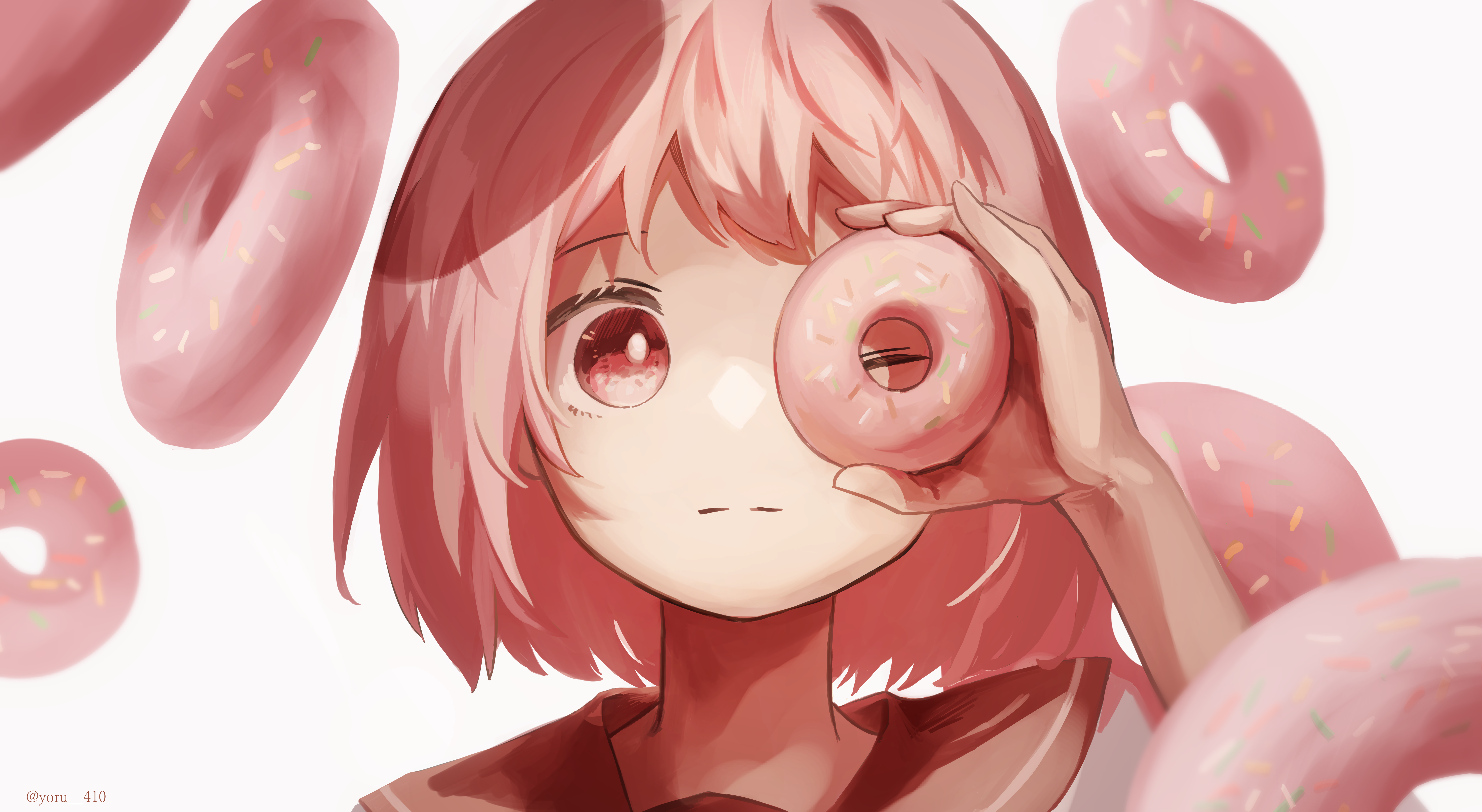 1girl absurdres arm_up closed_mouth donut expressionless food frown highres holding holding_food looking_away looking_to_the_side medium_hair one_eye_closed original pink_eyes pink_hair pink_theme school_uniform short_hair short_sleeves yoru_410