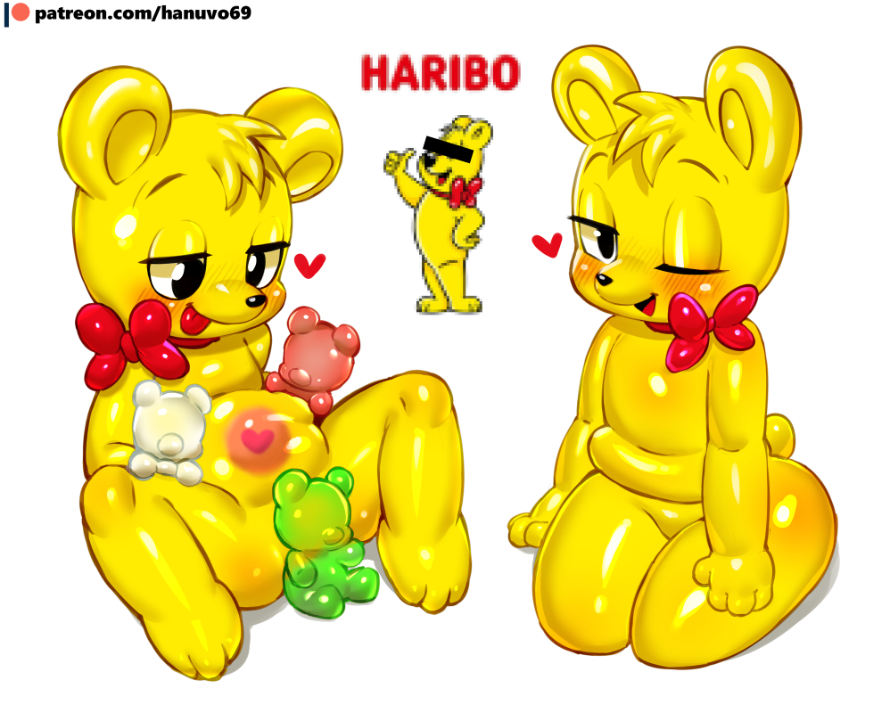 1girl 3others :p blush bow bowtie candy completely_nude english_text gummy_bear hanuvo haribo heart mascot multiple_others multiple_views nude one_eye_closed patreon_logo patreon_username pregnant reference_inset shiny_skin simple_background tongue tongue_out white_background wink