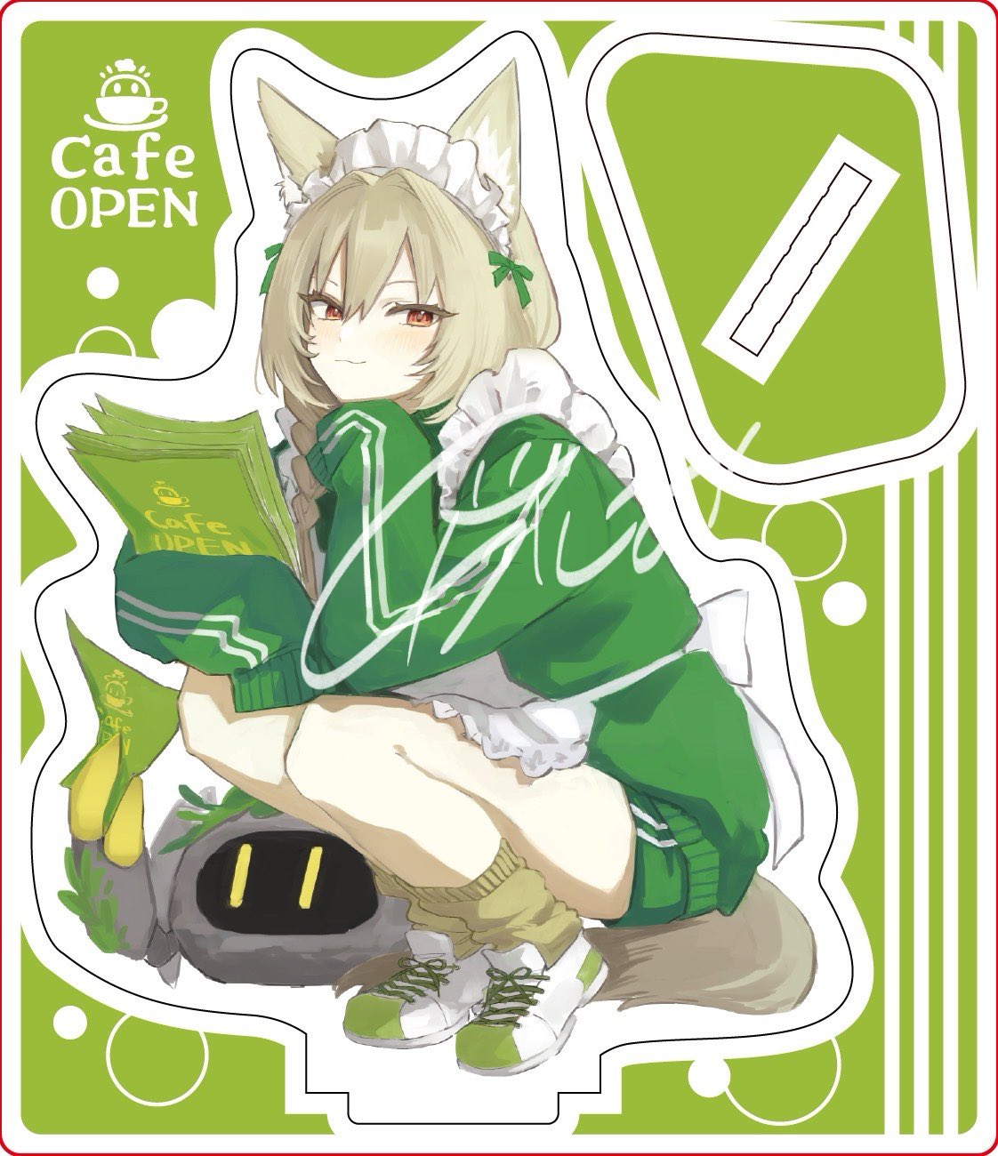 1girl animal_ears arknights beanstalk_(arknights) blonde_hair blush bow braid brown_tail closed_mouth commentary eighth_note eyes_visible_through_hair full_body green_background green_bow green_jacket green_shorts hair_between_eyes hair_bow head_rest highres holding jacket jersey_maid k-yosinori leg_warmers long_hair looking_at_viewer maid maid_headdress merchandise_available musical_note orange_eyes outline paper shoes shorts signature simple_background sleeves_past_fingers sleeves_past_wrists smile sneakers solo squatting tail track_jacket unconventional_maid white_outline white_shoes yellow_leg_warmers