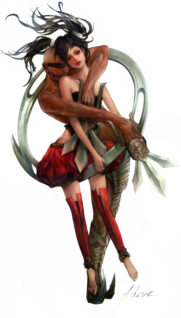 1boy 1girl alternate_costume bad_deviantart_id bad_id bald bare_shoulders barefoot bdsm black_hair blindfold bubble_skirt chakram couple dagger dark-skinned_male dark_skin dual_wielding eiserne_drossel_(weapon) eyeshadow feet floating_hair full_body gag gagged head_tilt hetero highres holding holding_weapon hug hug_from_behind huge_weapon interracial jamadhar jewelry katar knife leaning lipstick looking_at_viewer lyalya_voronkova makeup mole mole_under_eye parted_lips pointy_footwear push_dagger realistic red_eyes red_lips red_thighhighs ring ring_blade scrunchie shoes signature skirt soul_calibur soulcalibur soulcalibur_iv strapless thighhighs tira_(soulcalibur) toeless_legwear toes topless_male tube_top twintails voldo weapon zettai_ryouiki