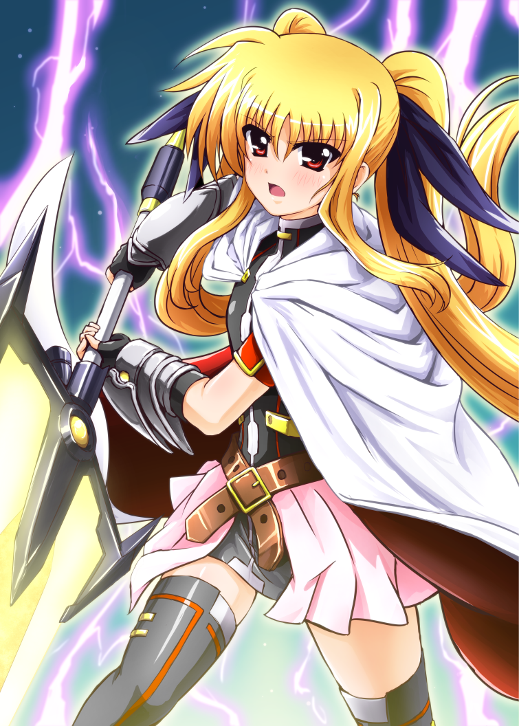 00s 1girl bardiche_(nanoha) bardiche_(zanber_form)_(nanoha) black_thighhighs blonde_hair cape diesel-turbo fate_testarossa fate_testarossa_(blaze_form) lightning lyrical_nanoha mahou_shoujo_lyrical_nanoha mahou_shoujo_lyrical_nanoha_a&#039;s mahou_shoujo_lyrical_nanoha_strikers red_eyes thighhighs twintails