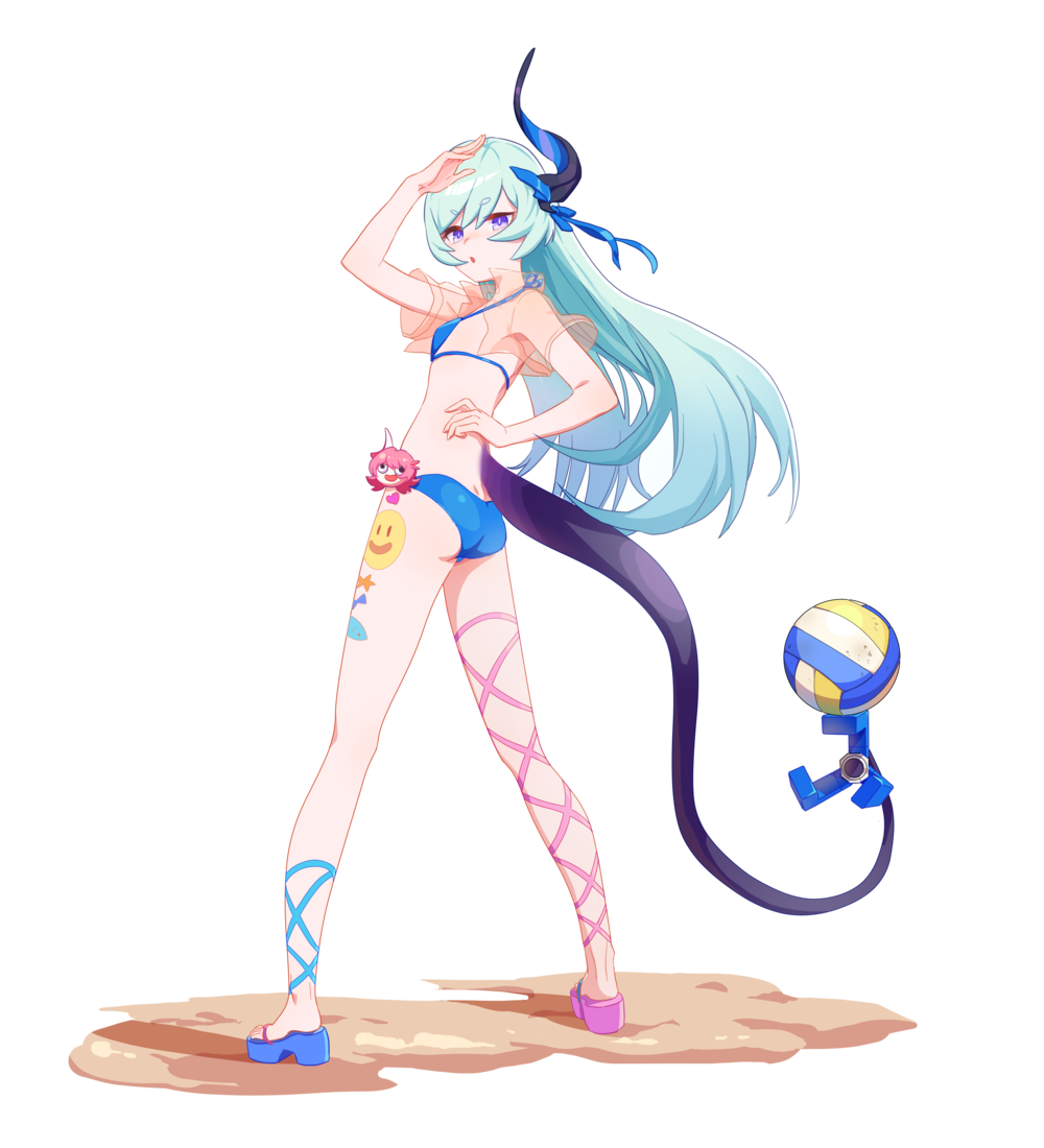 1girl ass asymmetrical_footwear asymmetrical_legwear ball beach bikini blue_eyes blue_hair breasts hand_on_own_back hand_on_own_head honkai_(series) honkai_impact_3rd honlo horns jacket leg_tattoo liliya_olenyeva long_hair looking_at_viewer looking_back meme open_mouth sand see-through_clothes see-through_jacket single_horn small_breasts solo swimsuit tail tattoo teri_derp_(meme) volleyball_(object)