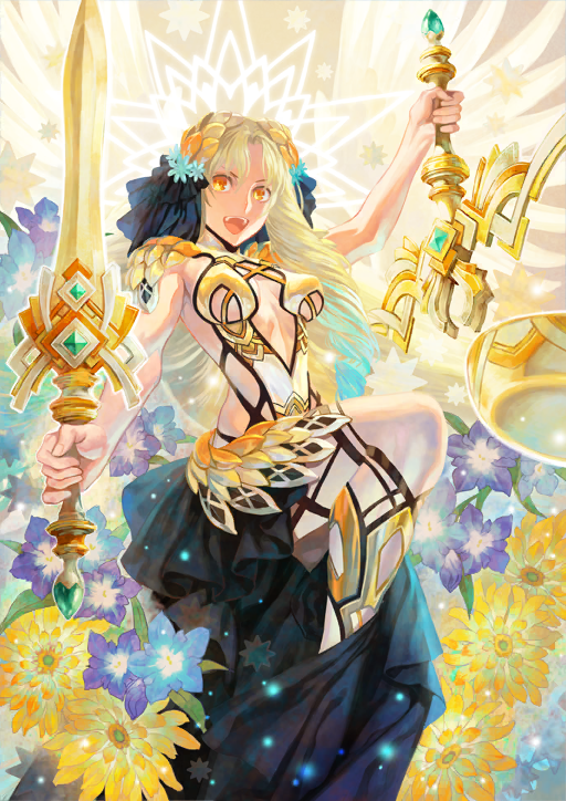 1girl :d armor armored_leotard astraea_(fate) azuma_toh balance_scale black_leotard blonde_hair blue_flower blue_hair blue_ribbon blue_skirt breasts breasts_apart cleavage_cutout clothing_cutout curtained_hair drill_hair fate/grand_order fate_(series) flower flower_request game_cg gold_armor hair_ornament hair_ribbon halter_leotard halterneck high_collar holding holding_scale holding_sword holding_weapon leg_up leotard light_particles long_hair long_sidelocks looking_at_viewer multicolored_hair official_art open_mouth orange_eyes ribbon showgirl_skirt sideless_leotard sidelocks single_sidelock skirt smile solo stomach_cutout sword teeth third-party_source toned toned_female two-tone_hair upper_teeth_only weapon weighing_scale yellow_flower