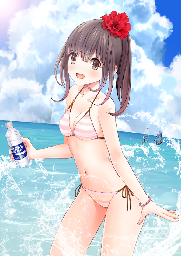 1girl bad_id bad_pixiv_id bikini black_hair blue_sky blush bottle bracelet breasts brown_eyes chikuwa_(glossymmmk) chikuwa_(odennabe) cleavage cloud commentary_request cowboy_shot day female_focus flower from_side hair_flower hair_ornament horizon jewelry long_hair looking_at_viewer medium_breasts navel ocean open_mouth original outdoors pocari_sweat ponytail side-tie_bikini_bottom sky smile solo striped_bikini striped_clothes summer swimsuit water water_bottle