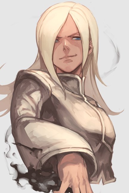 1boy blonde_hair blue_eyes closed_mouth coat fire grey_background grin hungry_clicker long_sleeves male_focus parted_bangs pyrokinesis saiki_(kof) simple_background smile snk solo the_king_of_fighters