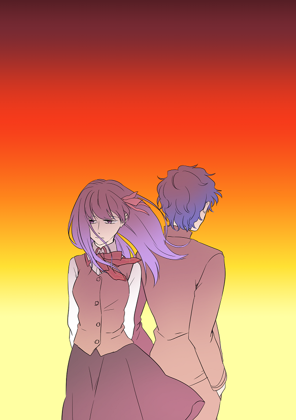 1boy 1girl back-to-back blue_hair brother_and_sister fate/stay_night fate_(series) gakuran hair_ribbon hands_in_pockets homurahara_academy_uniform long_hair matou_sakura matou_shinji orange_sky purple_eyes purple_hair red_ribbon ribbon ronpaxronpa school_uniform short_hair siblings sky wavy_hair