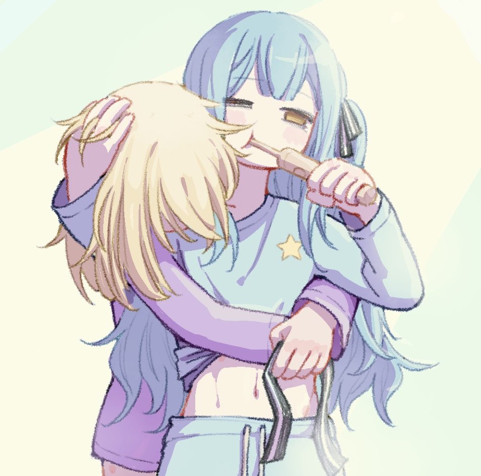 2girls bang_dream! bang_dream!_it&#039;s_mygo!!!!! blonde_hair blue_hair blue_pajamas blue_pants blush_stickers brushing_another&#039;s_hair brushing_hair brushing_teeth center-flap_bangs closed_mouth cowboy_shot front-to-back hair_ribbon hand_on_another&#039;s_head hands_up hashtag-only_commentary head_on_another&#039;s_shoulder himmel_(keine_haare) holding holding_ribbon holding_toothbrush hug hug_from_behind lace leaning_on_person lifting_another&#039;s_clothes long_hair long_sidelocks long_sleeves looking_ahead medium_hair misumi_uika multiple_girls navel official_alternate_costume one_eye_closed one_side_up pajamas pants puffy_cheeks purple_pajamas ribbon sidelocks simple_background star_(symbol) star_print togawa_sakiko toothbrush unworn_ribbon white_background yellow_eyes yuri